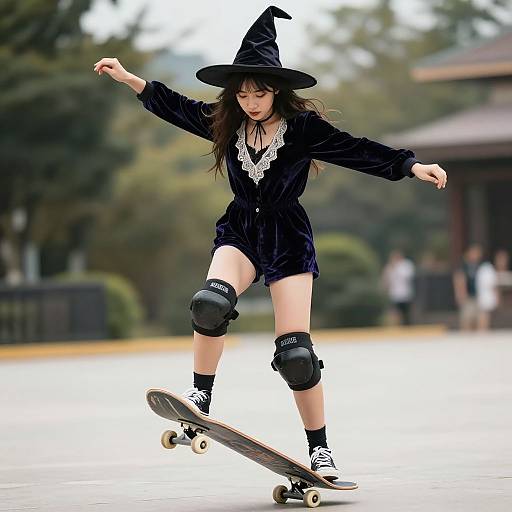 Photograph of an Asian woman with long dark hair, wearing a black witch hat, velvet romper, knee pads, and black sneakers, skateboarding