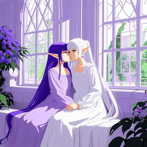 Elven couple sitting by stained glass window