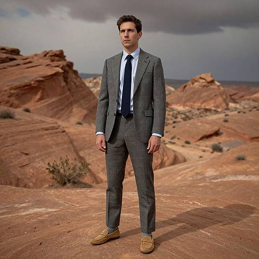 Photograph of a serious, dark-haired man in a gray plaid suit, white shirt, black tie, and tan shoes standing in a rugged,