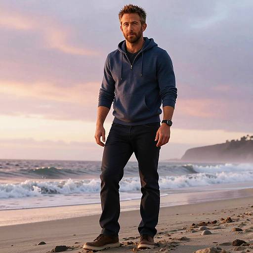 Confident Man on Sunrise Beach