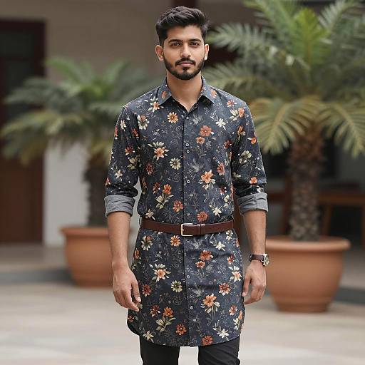 Young Man in Floral Long Shirt Outdoors