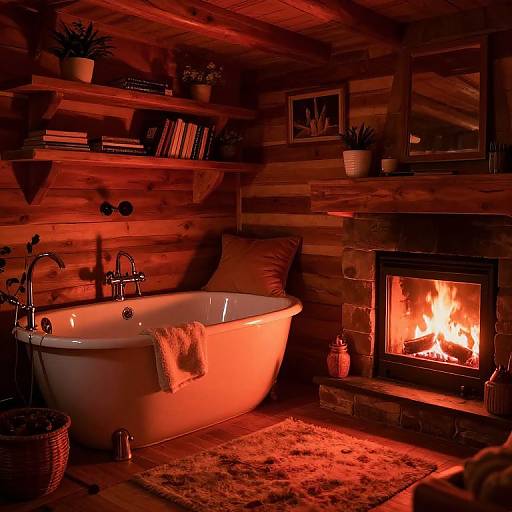 Cozy log cabin bathroom with red-lit ambiance, white freestanding bathtub, wooden shelves, fireplace, potted plants, and soft rug.