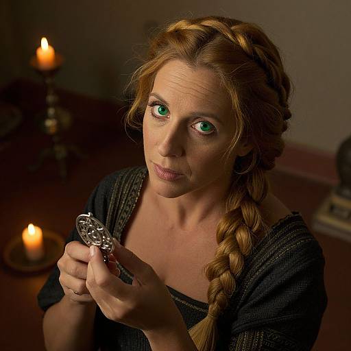 Photograph of a woman with green eyes, braided blonde hair, and black shirt, holding a silver ornate dagger, lit by candlelight.