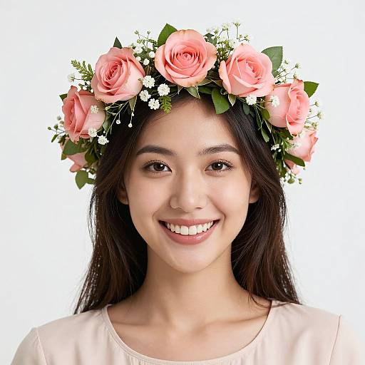 Photograph of a smiling young Asian woman with long dark hair, wearing a pink rose and green leaf flower crown, against a white background.