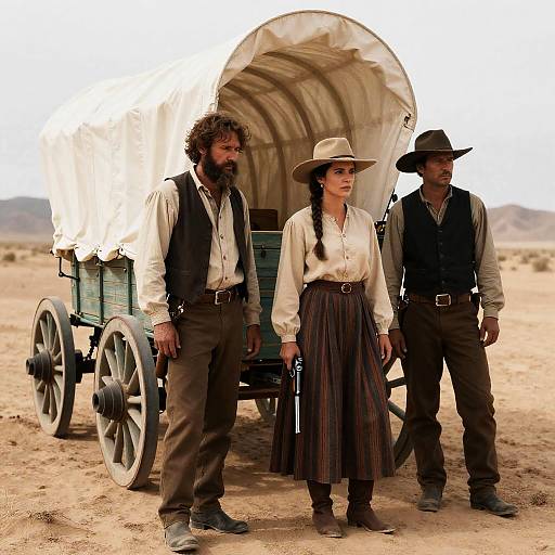 Three Pioneers by Covered Wagon in Desert