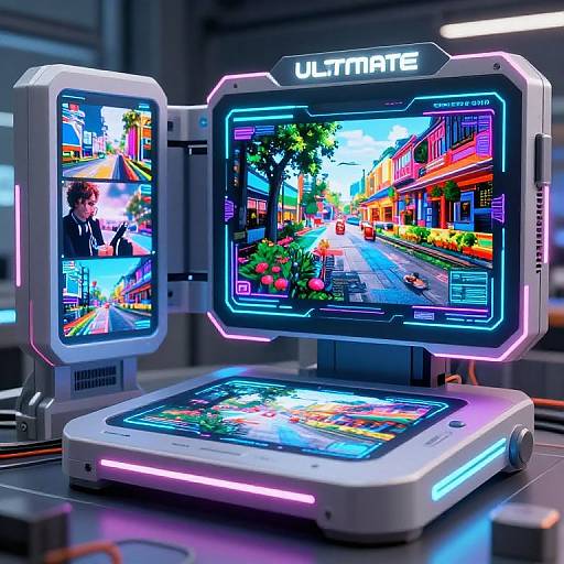 Photorealistic CGI of futuristic ultramodern digital displays, showcasing vibrant neon-lit urban street scene, man in suit on smaller screen.