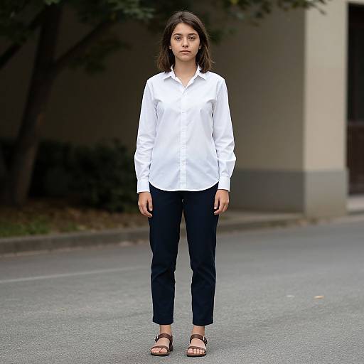 Photograph of a young Asian woman with long dark hair, wearing a white blouse, black pants, and brown sandals, standing on a street. Background