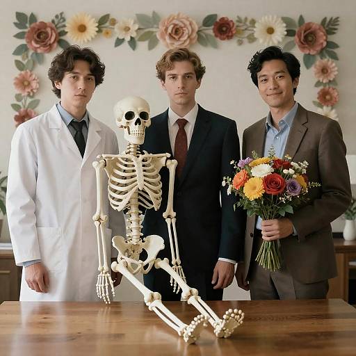 Three Men with Skeleton and Flowers