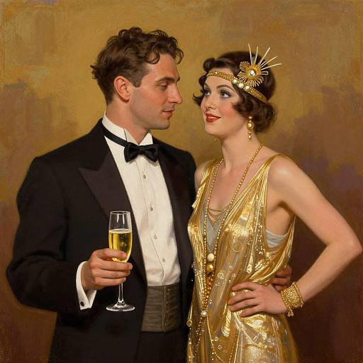 Vintage-style painting of a handsome man in a black tuxedo and a beautiful woman in a gold flapper dress, holding champagne glasses, against a
