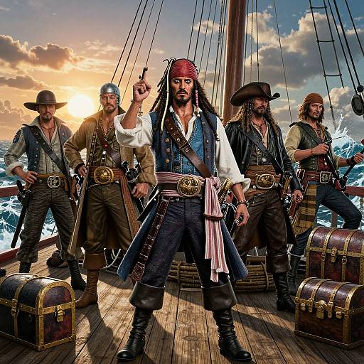 Photograph of five muscular pirate men in 18th-century clothing, standing on a ship deck at sunset, with treasure chests and ocean waves in the