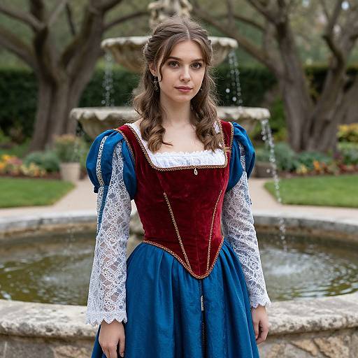 Photograph of a young woman with wavy brown hair, wearing a blue and red medieval-style dress with white lace sleeves, standing in front of a