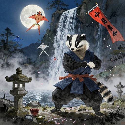 Badger Samurai at Moonlit Waterfall