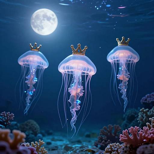 Photograph of three glowing jellyfish wearing golden crowns, floating in a deep blue ocean under a bright full moon, surrounded by colorful coral reefs.