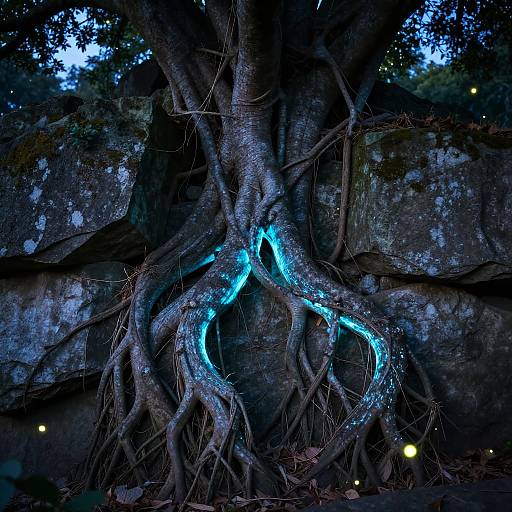 Glowing Tree Roots and Ancient Stones