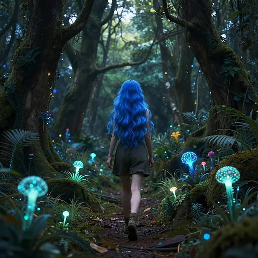 Photograph: Enchanted forest with glowing blue mushrooms, fairy lights, and a girl with vibrant blue, wavy hair walking away. Dark,