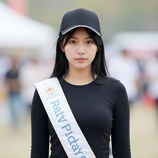 Photograph of an Asian woman with straight black hair, wearing a black cap, black long-sleeve shirt, and 