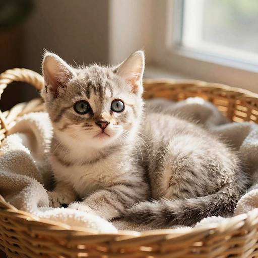 Photograph of a cute, grey and white tabby kitten with blue eyes, lying in a sunlit wicker basket with a soft blanket.