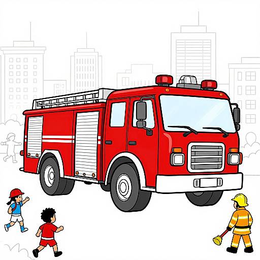 Colorful digital illustration of a bright red fire truck with four cartoon firefighters, two boys and two adults, in various outfits.