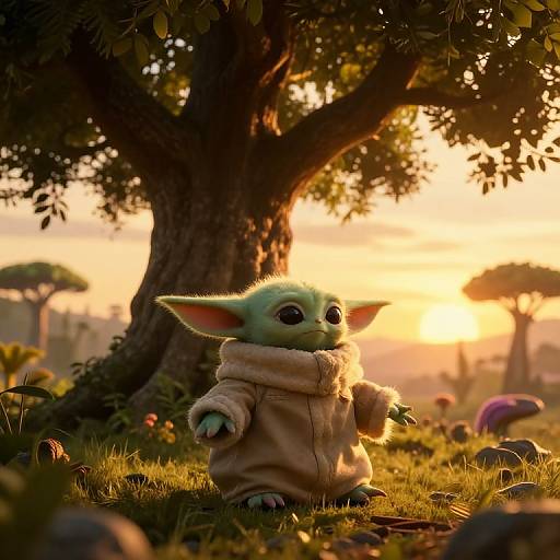 Photorealistic CGI of a cute green goblin-like creature with large ears, wearing a beige hooded coat, standing under a tree at sunset in
