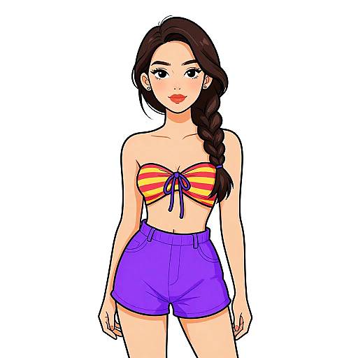 Digital illustration of a young woman with long dark hair in a braid, wearing a striped yellow and red bikini top and purple high-waisted shorts