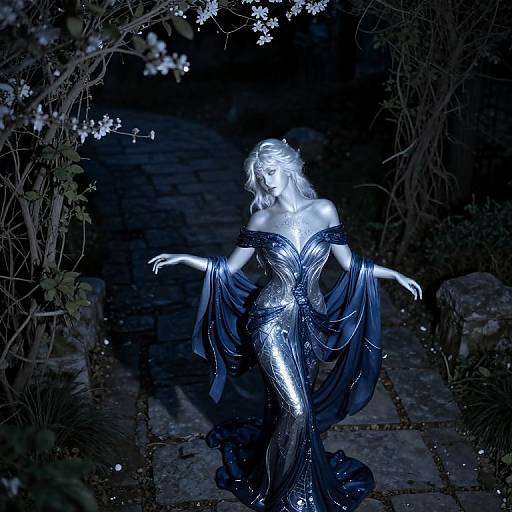 Photograph of a glowing, silver-toned, ethereal statue of a dancing fairy in a dark, moonlit garden with cobblestone path and