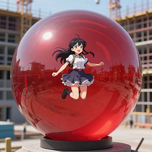 Anime-style digital artwork of a black-haired girl in a white shirt and blue skirt trapped inside a large, reflective red glass sphere, with a construction site