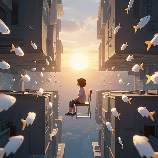 Digital anime artwork of a person with short black hair sitting on a chair in a sunlit, fish-filled urban canyon.