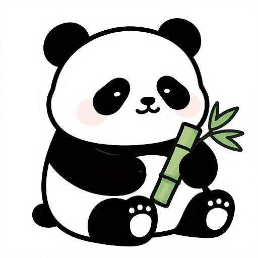 Cute digital drawing of a chibi-style panda holding a green bamboo stick, with black and white color scheme, big round eyes, and a small