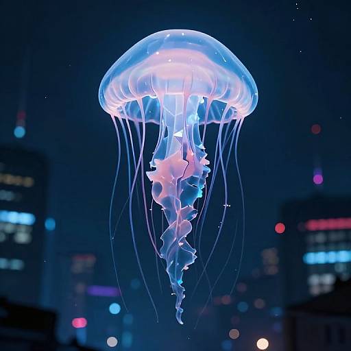 Photograph of a glowing blue and pink jellyfish with translucent tentacles, floating in a dark, city night sky background.