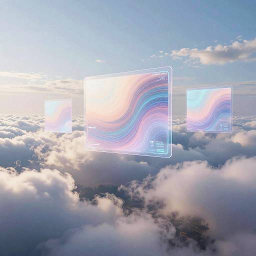 Aerial photograph of fluffy clouds with two transparent, glowing, wavy data overlays overlaying the sky, blending light blue and pink hues.