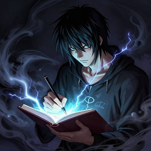 Digital anime-style drawing: Dark-haired, green-eyed male mage in black hoodie, conjuring blue electricity from open book, surrounded by swirling smoke.