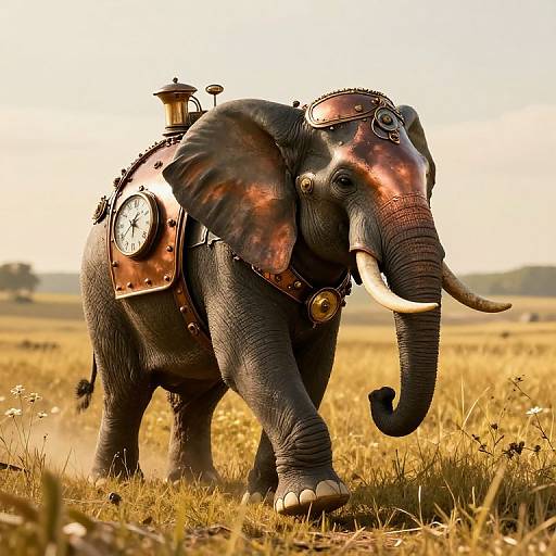 Photograph of a steampunk elephant with brass gears, clock, and leather harness, walking through a golden grassy field at sunset.