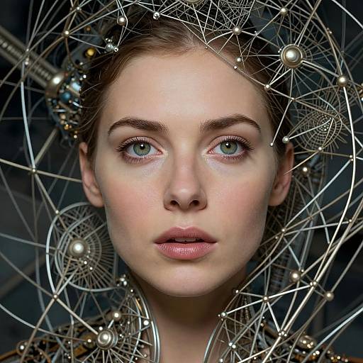 Photorealistic digital portrait of a fair-skinned woman with blue eyes, wearing a silver, wireframe, geometric headpiece, set against a dark