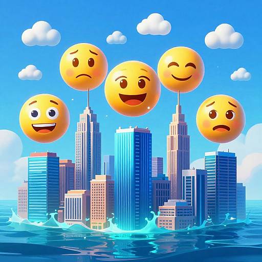 Digital illustration of four yellow emoji faces with varied expressions (sad, happy, winking, frowning) floating above a vibrant, sunny New York City