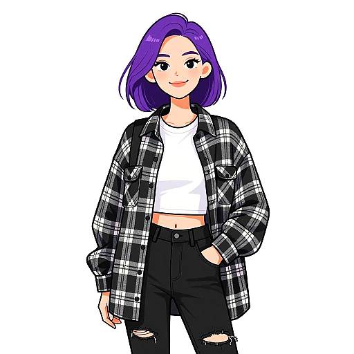 Digital anime-style drawing of a smiling woman with purple hair, wearing a black and white plaid shirt, white crop top, and black ripped jeans,