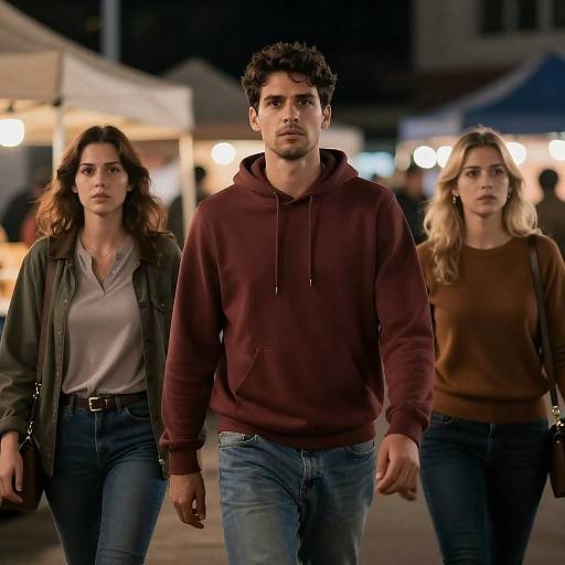 Three People Walking at Night Market