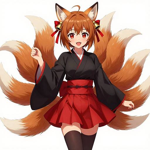 Anime-style digital drawing of a cute, fox-eared girl with brown hair, red eyes, black kimono, red skirt, and black thigh-high