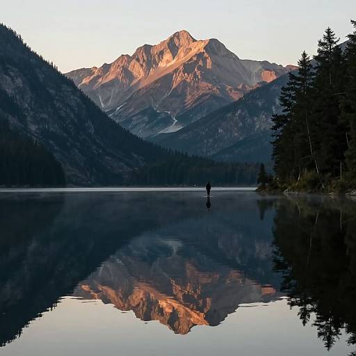 Photograph of a solitary figure standing on a reflective lake, with sunlit mountains and dense forest in the background.