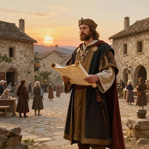 Medieval king with crown, black and gold robe, holding scroll in village square at sunset, surrounded by people in period clothing. Photorealistic digital