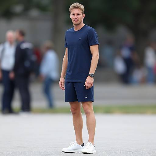 Photograph of a tall, athletic man with short blond hair in a navy t-shirt, black shorts, white sneakers, and a black watch, standing