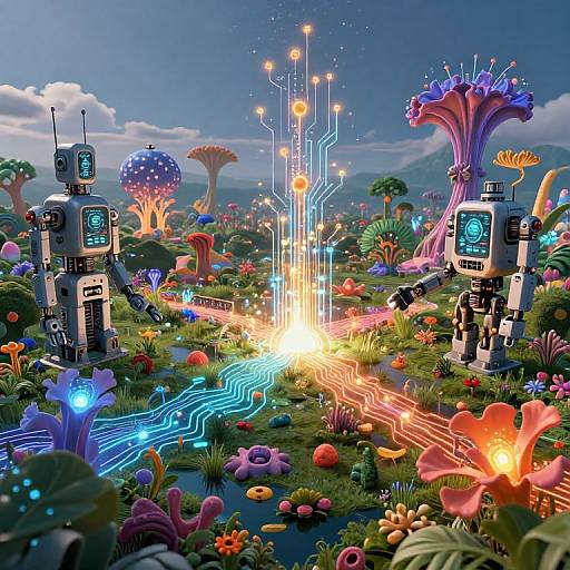 Digital artwork of futuristic robotic sentinels amidst vibrant, bioluminescent forest with glowing circuitry, colorful flora, and a radiant central light.