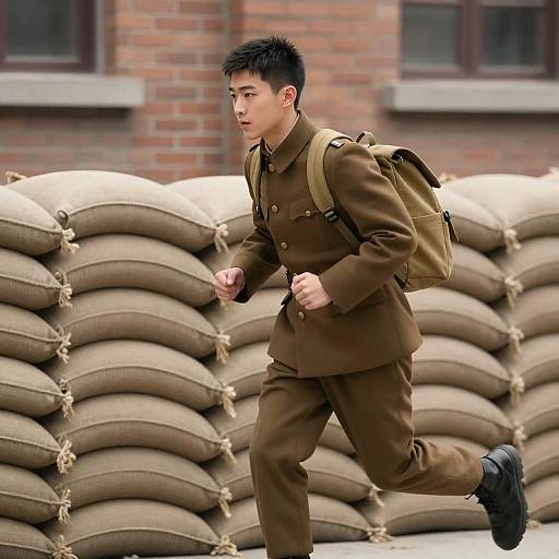 Cinematic Young Man in Military Coat