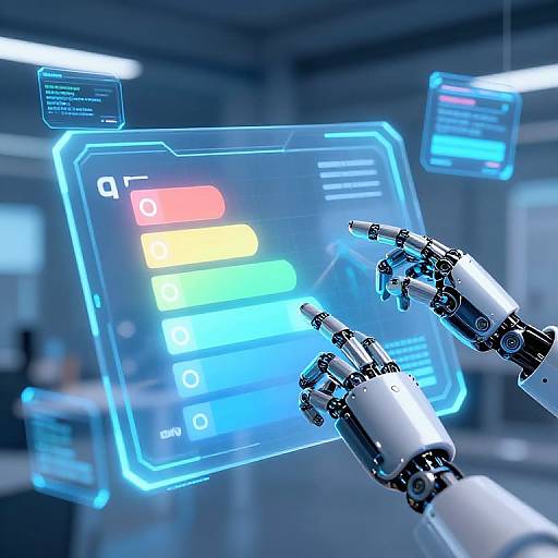 Photograph of robotic hands interacting with a glowing, holographic interface displaying colorful buttons in a futuristic, blue-lit laboratory.