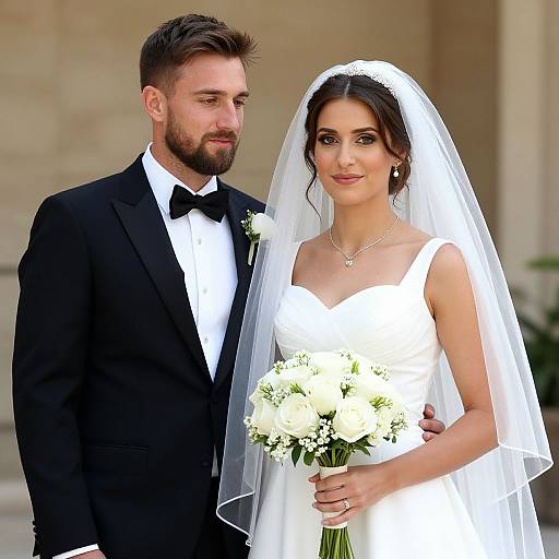 Photograph of a bearded groom in a black tuxedo and a bride in a white dress and veil, holding white flowers, standing outdoors.