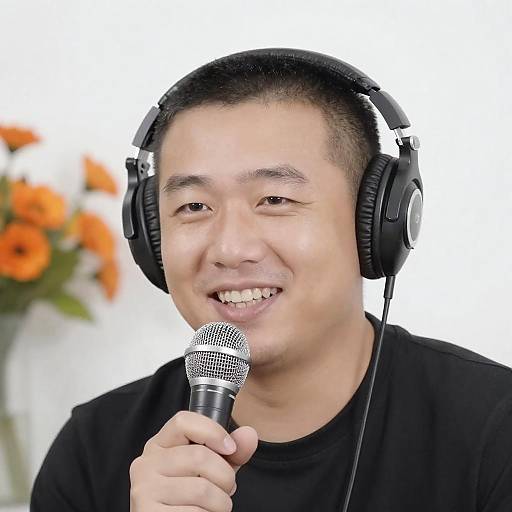 Cheerful Man Speaking into Microphone