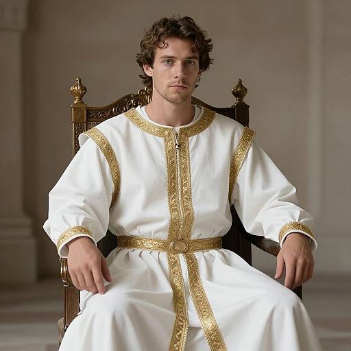 Photograph of a young man with curly brown hair, seated on an ornate wooden chair, wearing a white, gold-embroidered medieval-style