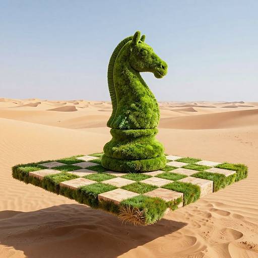 Photograph of a green, grass-covered chess knight statue standing on a checkered grass platform in a sunny, sandy desert.