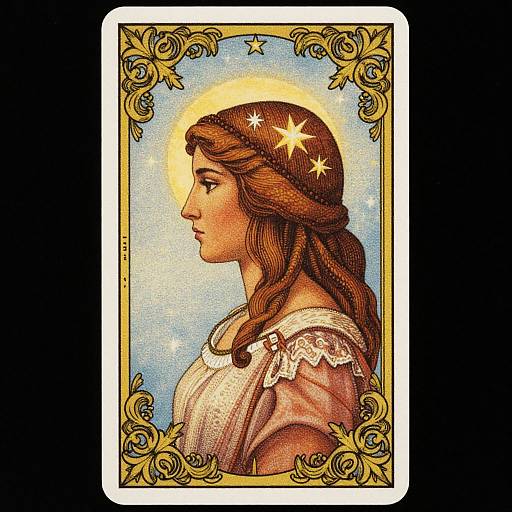 Digital illustration of a haloed, side-profile, brown-haired woman with stars in her hair, wearing a lace-trimmed white garment, framed by