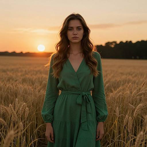 Photograph of a young woman with long, wavy brown hair wearing a green, long-sleeve dress, standing in a golden wheat field at