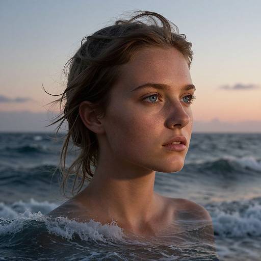 Photograph of a wet, blonde, blue-eyed woman with fair skin, staring into the sunset over the ocean, waves gently touching her shoulders.